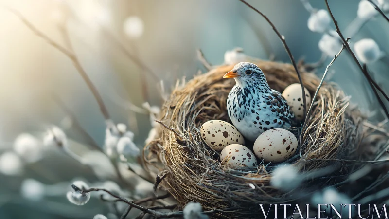 Speckled songbird in woven nest with four speckled eggs.