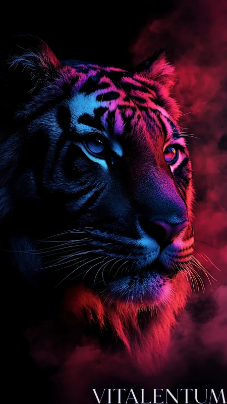Neon rim-lit tiger portrait uses dual-color volumetric lighting contrasts