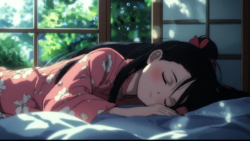 Summer afternoon nap in yukata beside shoji-lit window