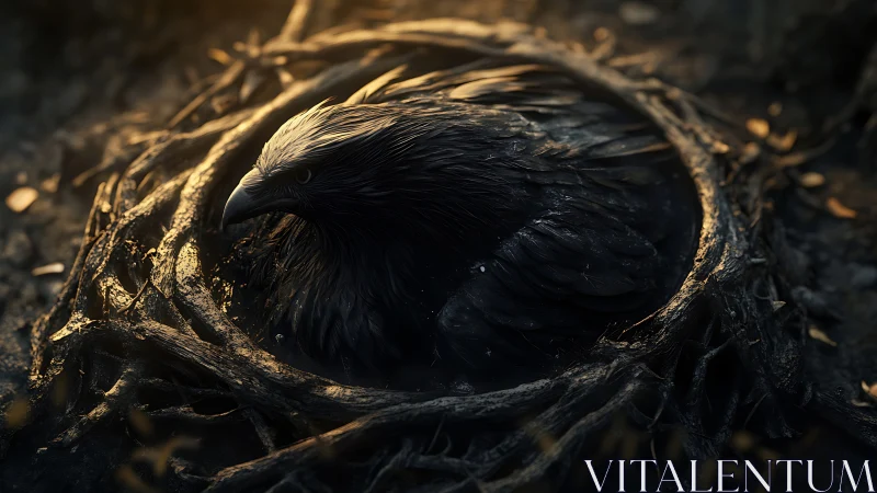 Quiet guardian eagle rests within a ring of twisted roots