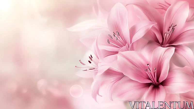 Pink lilies bloom soft against ethereal dreamscape. Period.