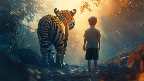 Boy and tiger walking along forest path in soft backlight.