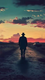 Dusty road swallows a lone wanderer beneath neon dusk
