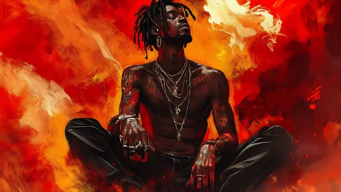 Shirtless man in jewelry seated amid vivid red flames.