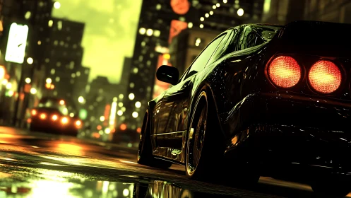 Sports coupe is positioned on wet city street at night