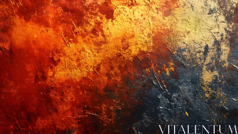 Abstract fiery textured painting with bold red, orange, and gold.