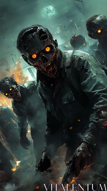 Burning-eyed zombies advance through a war-torn inferno