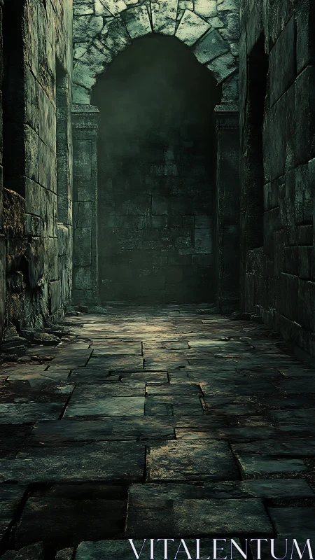Ancient stone corridor fades into dark, mist filled archway