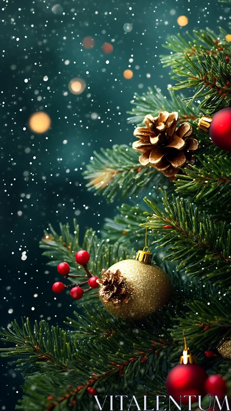 Festive Christmas tree branch with gold baubles and snow.