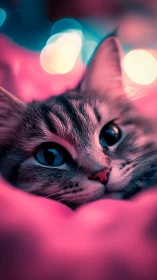 Feline subject rendered with neon color grading and bokeh lighting effects.