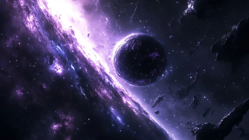 Violet planet silhouettes cutting through radiant nebula veil.