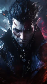 Scarred duskblade antihero framed in stormlit embers.