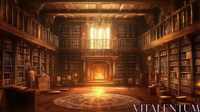 Grand two-level library interior with warm fireplace glow.