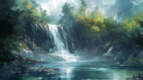 Misty forest waterfall descends into tranquil turquoise pool