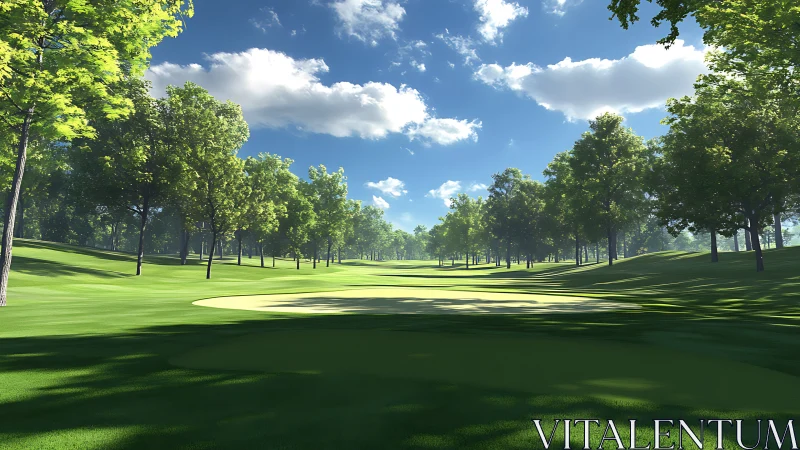 Tree-lined golf fairway stretches under bright midday sky