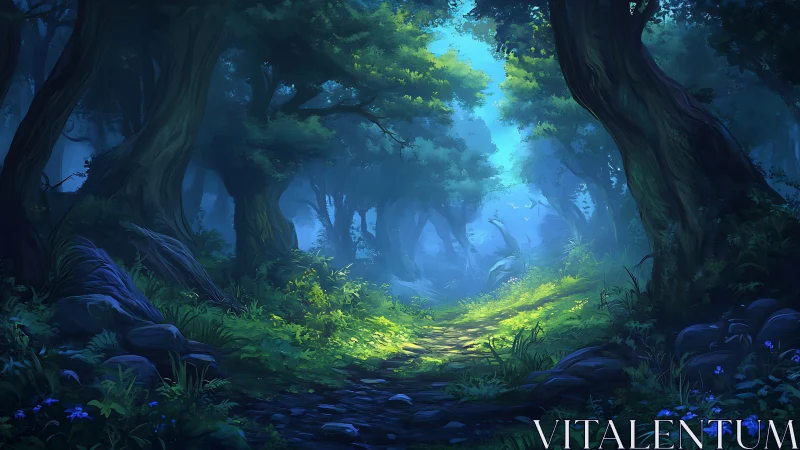 Bioluminescent Forest Sanctuary Glows Between Ancient Gnarled Trees