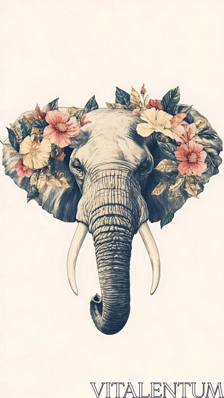 Elephant head illustration with floral wreath on neutral background.