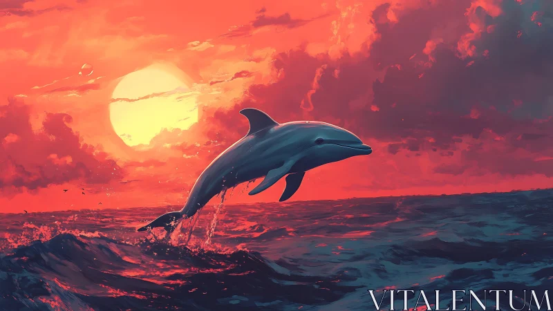 Dolphin leaps through glowing sunset surf in vivid seascape