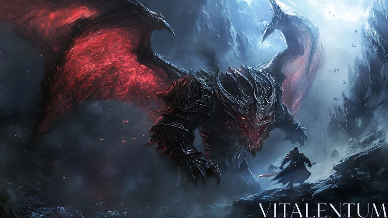 Armored hell dragon confronts lone warrior in icy abyss.