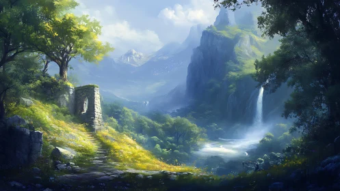 Luminous valley cascade with ancient stone archway ruins.
