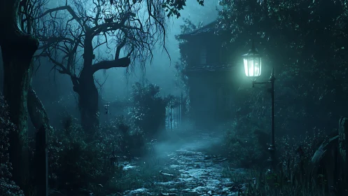 Misty garden path glows under a lonely lamppost at night