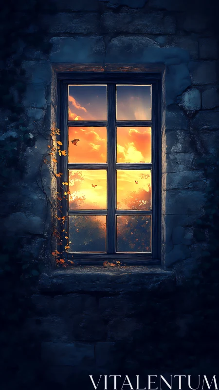 Window Aperture Framing Sunset Landscape Through Dark Stone