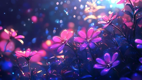 Neon glowing flowers against blurred bokeh background