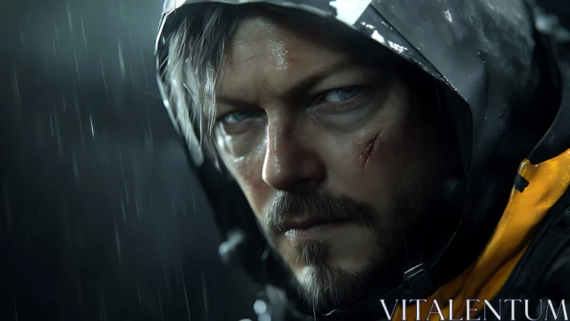 Close-up digital portrait of hooded man in rainfall conditions.