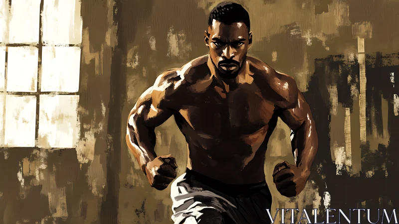 Muscular athlete in warehouse setting under dramatic lighting.