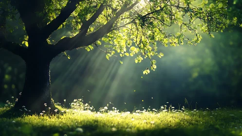 Sunlit Tree in Lush Green Meadow, Peaceful Nature Photography.