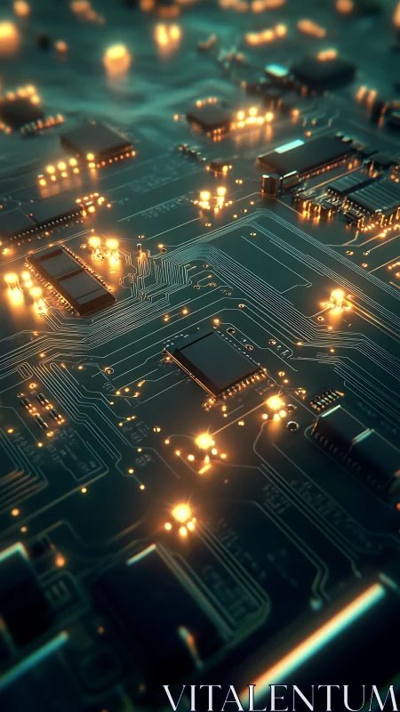 Glowing electronic circuit board with active microchips at work.