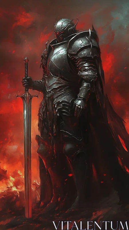 Dark armored knight stands calm amid swirling crimson fire