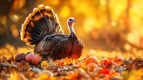 Backlit wild turkey with autumnal gourds in shallow focus field.