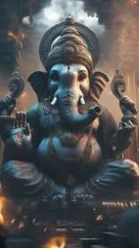 Monumental blue Ganesh idol amidst glowing temple smoke