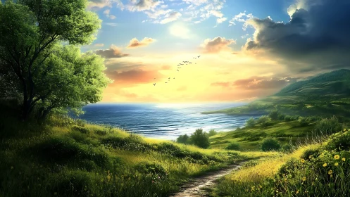 Sunlit coastal meadow path drifting toward the quiet sea.