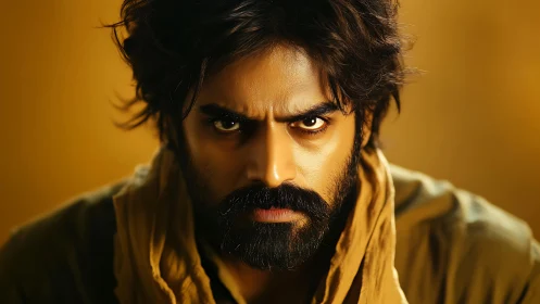 Storm-eyed wanderer framed in molten desert light.