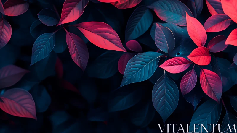 Neon-lit leaves glow in a moody crimson and teal twilight