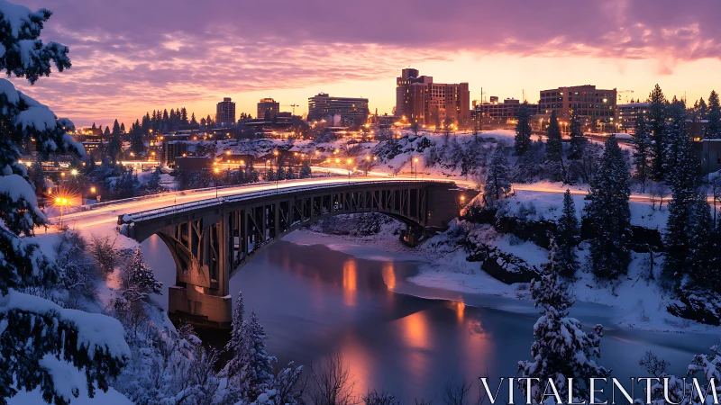 Snowy city bridge at dusk with warm urban lighting.