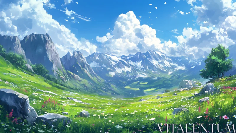 Sunlit alpine meadow opens toward distant snowy peaks