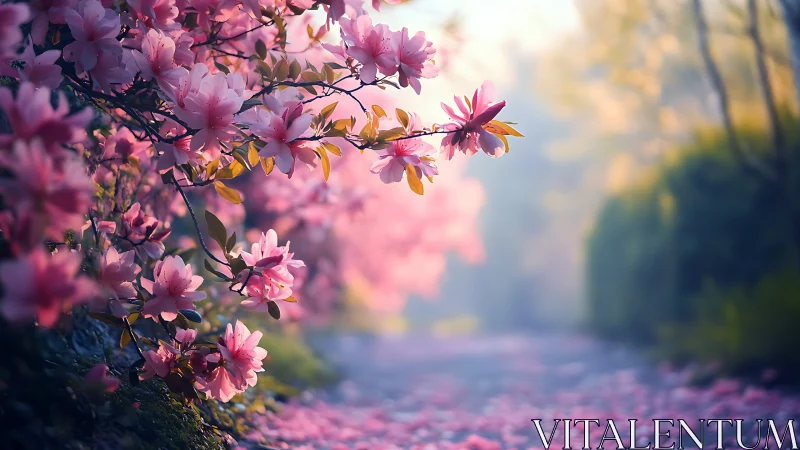 Pink Magnolia Blossoms Frame a Serene Misty Garden Path