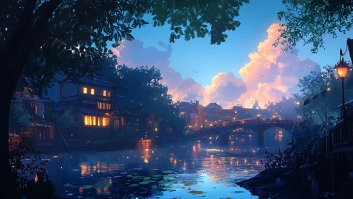 Lanternlit riverside town hums softly beneath cotton clouds