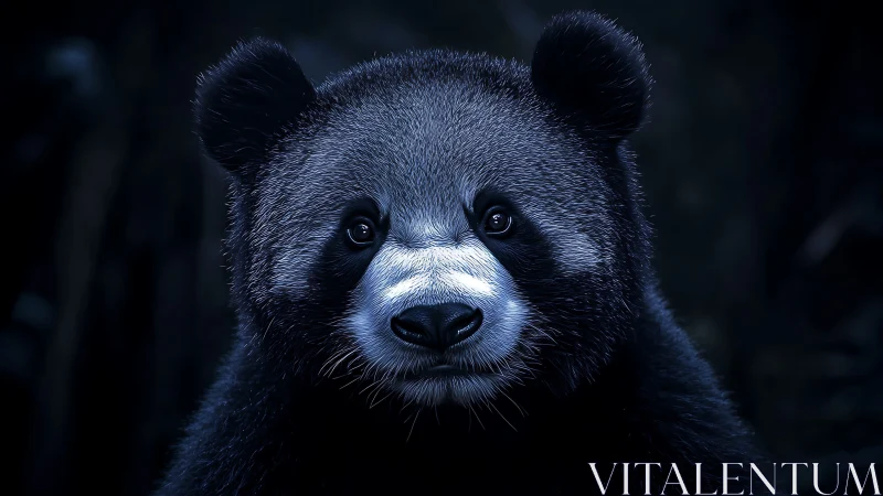 Nocturnal panda portrait rendered in high-contrast blue tones