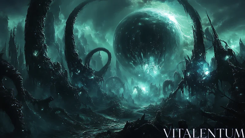 Starless abyss births a colossal void sphere in teal gloom.
