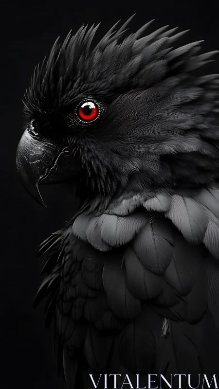 Midnight obsidian parrot with blazing crimson eye stares.