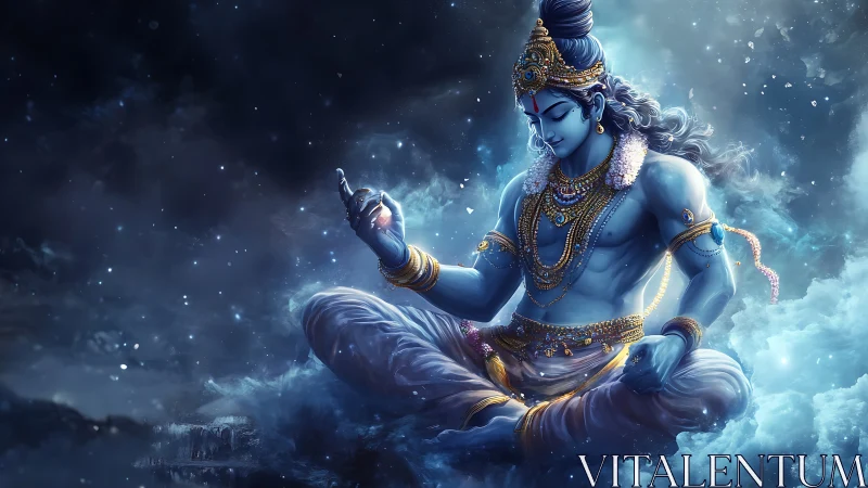 Divine blue-skinned deity rendered in luminous atmospheric depth