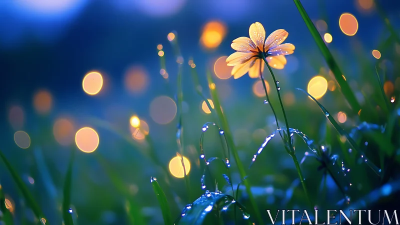 Gentle yellow flower glowing softly in dreamy evening light.