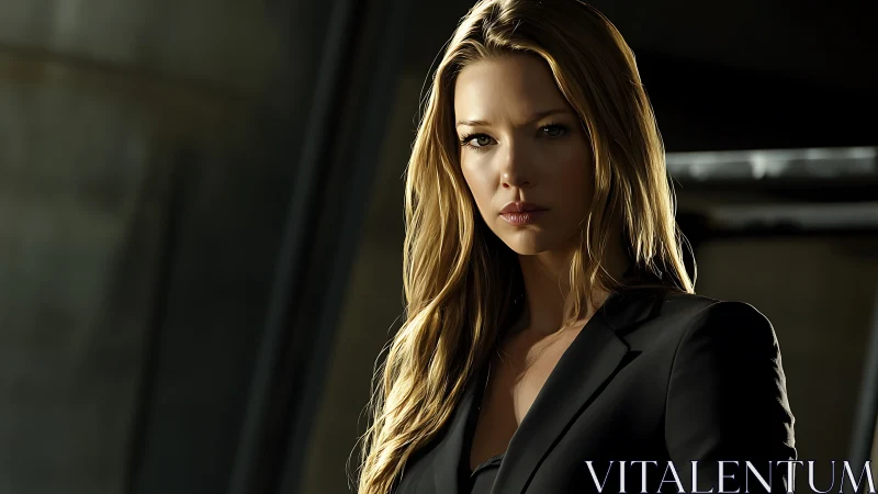 Confident woman in a black blazer in soft golden light.