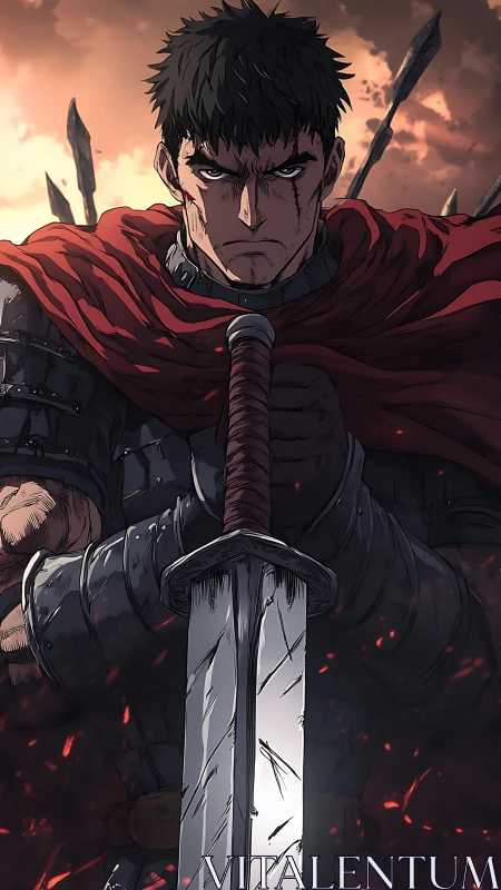 Armored warrior grips greatsword amid embers and dusk sky