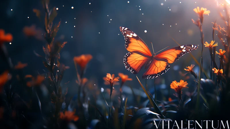 Twilight monarch skims through ember-bright meadow dreams