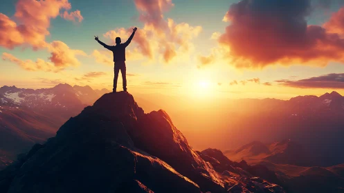 Silhouette of person standing on rocky peak at vivid sunset.